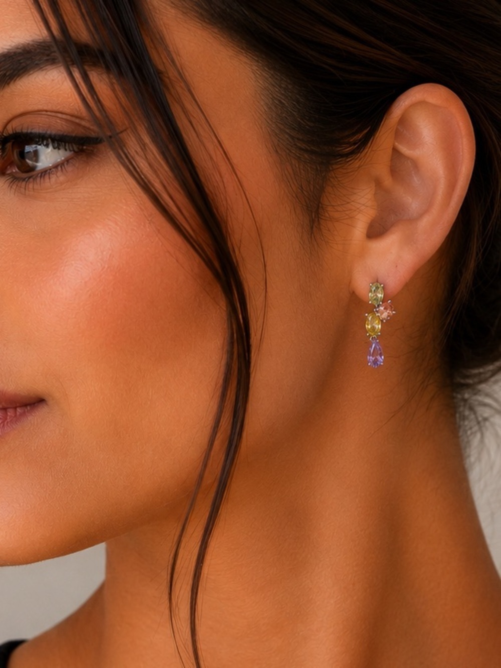 Sparkling Colorful Dangle Cluster Silver Tone Earrings Purple Green Yellow Girly